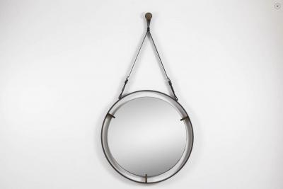  Orange Furniture Circular Metal and Leather Mirror