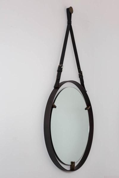  Orange Furniture Circular Metal and Leather Mirror