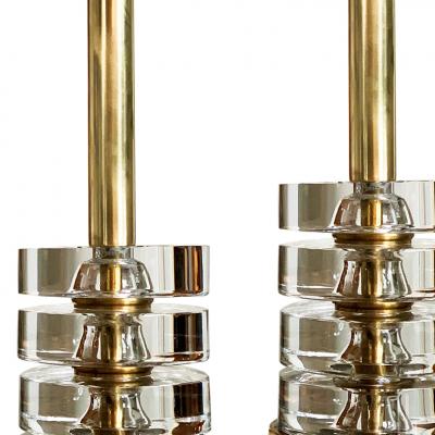  Orrefors Pair of Deco Inspired Lamps in Crystal and Brass by Carl Fagerlund
