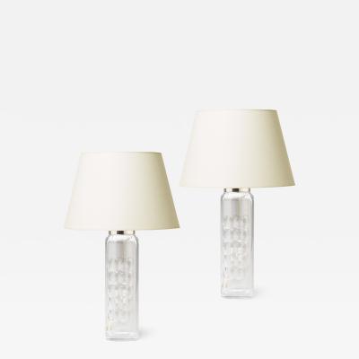  Orrefors Pair of Elegant and Tall Cut Crystal Lamps by Ole Alberius