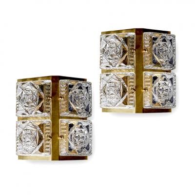  Orrefors Pair of Swedish Brutalist Sconces in Crystal and Brass