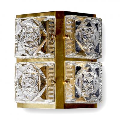  Orrefors Pair of Swedish Brutalist Sconces in Crystal and Brass