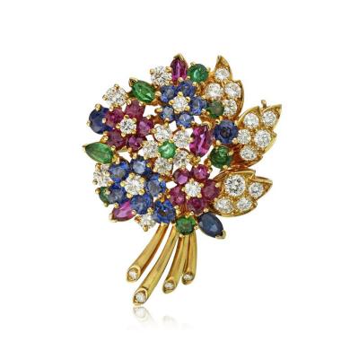  Oscar Heyman Brothers OSCAR HEYMAN PLATINUM 18K YELLOW GOLD MULTICOLOR GEM BOUQUET BROOCH