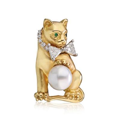  Oscar Heyman Brothers OSCAR HEYMAN PLATINUM 18K YELLOW GOLD PEARL DIAMOND CAT PENDANT