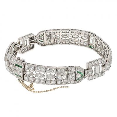  Oscar Heyman Brothers OSCAR HEYMAN PLATINUM CIRCA 1925 DIAMOND AND CALIBRE CUT GREEN EMERALD BRACELET