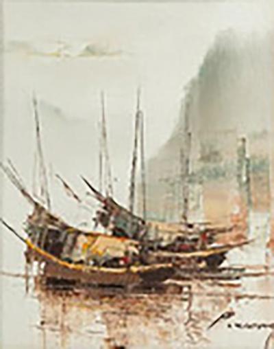  P Wong Signed Framed Mid Century Modern Junks at Sea Oil Painting by P Wong