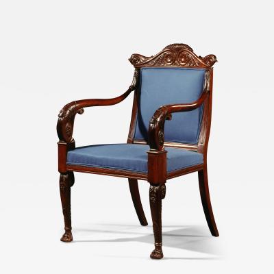  PETERS MAKER GENOA 9022 A FINE PAIR OF CARVED MAHOGANY ARMCHAIRS SIGNED PETERS MAKER GENOA 