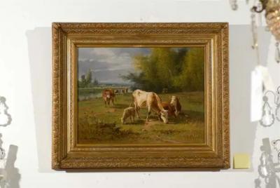  Pablo Martinez del Rio French Barbizon Oil Painting of Cattle Herd by Pablo Martinez del Rio 1870s