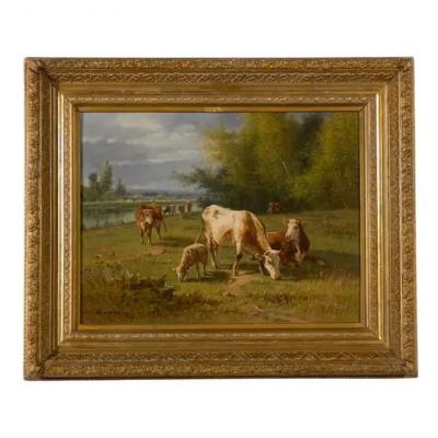  Pablo Martinez del Rio French Barbizon Oil Painting of Cattle Herd by Pablo Martinez del Rio 1870s