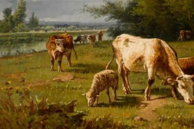 Pablo Martinez del Rio French Barbizon Oil Painting of Cattle Herd by Pablo Martinez del Rio 1870s