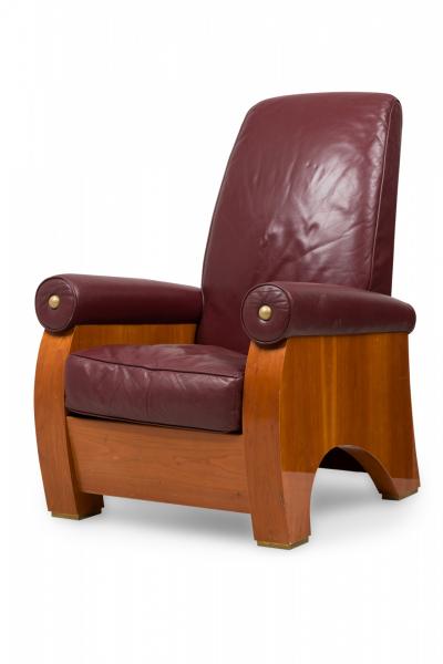  Pace Collection Pair of Pace Collection Modern High Back Mahogany and Burgundy Leather Chairs