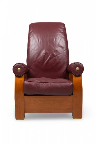  Pace Collection Pair of Pace Collection Modern High Back Mahogany and Burgundy Leather Chairs
