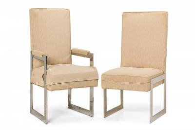  Pace Collection Set of 8 Pace Collection Aluminum and Beige Upholstery Dining Chairs