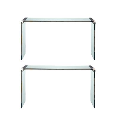  Pace Collection Thick Glass and Chromed Bronze Bracket Console by Leon Rosen for Pace Collection