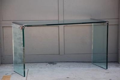  Pace Collection Thick Glass and Chromed Bronze Bracket Console by Leon Rosen for Pace Collection