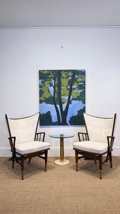  Pace Furniture Co Glass Table with Marble Base and Brass stem 