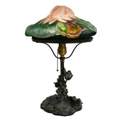 Pairpoint Glassworks Antique Pairpont Puffy Lotus Flower Lamp on Bronze Poppy Base Circa 1910