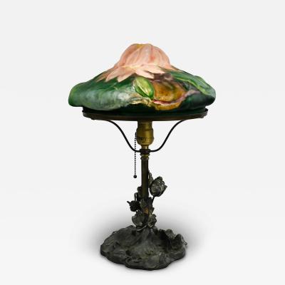  Pairpoint Glassworks Antique Pairpont Puffy Lotus Flower Lamp on Bronze Poppy Base Circa 1910