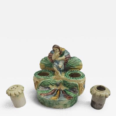  Palissy Ware Palissy Majolica 78 Portuguese majolica Palissy inkwel Portuguese majolica