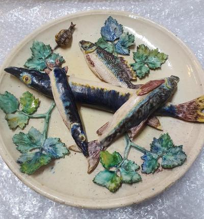 Palissy Ware Palissy Majolica Barbizet French Palissy Majolica Platter with Fish high quality piece 
