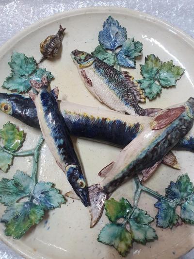  Palissy Ware Palissy Majolica Barbizet French Palissy Majolica Platter with Fish high quality piece 