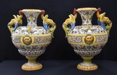  Palissy Ware Palissy Majolica PAIR LARGE ANTIQUE ITALIAN MAJOLICA URNS