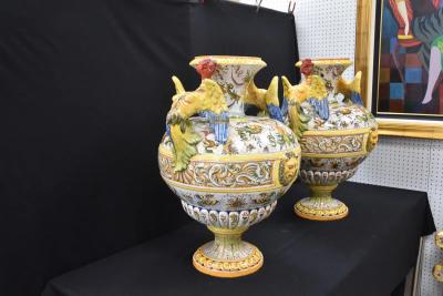  Palissy Ware Palissy Majolica PAIR LARGE ANTIQUE ITALIAN MAJOLICA URNS
