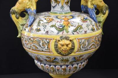  Palissy Ware Palissy Majolica PAIR LARGE ANTIQUE ITALIAN MAJOLICA URNS