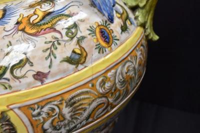  Palissy Ware Palissy Majolica PAIR LARGE ANTIQUE ITALIAN MAJOLICA URNS