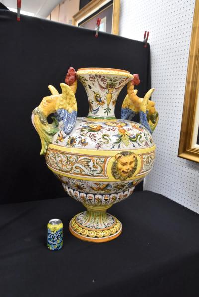  Palissy Ware Palissy Majolica PAIR LARGE ANTIQUE ITALIAN MAJOLICA URNS
