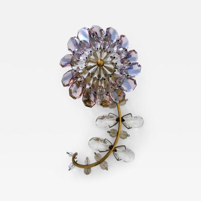  Palwa Amazing Palwa Iridescent Crystal Glass Brass Flower Sconce or Wall Lamp 1960s