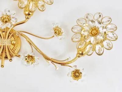  Palwa Big Ernst Palme Flowers Brass Crystals Flower Wall Light Sconce Palwa 1970s