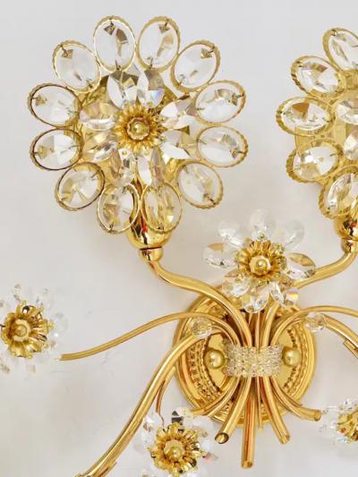  Palwa Big Ernst Palme Flowers Brass Crystals Flower Wall Light Sconce Palwa 1970s