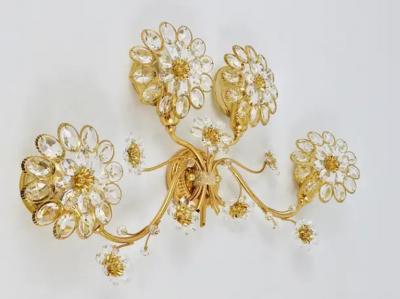  Palwa Big Ernst Palme Flowers Brass Crystals Flower Wall Light Sconce Palwa 1970s