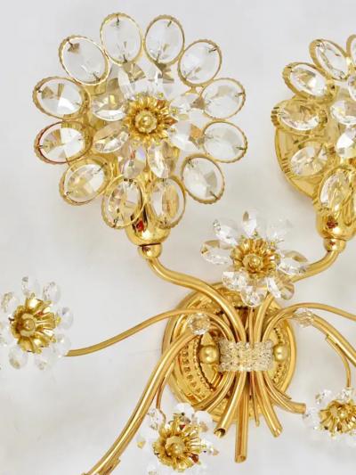  Palwa Big Ernst Palme Flowers Brass Crystals Flower Wall Light Sconce Palwa 1970s