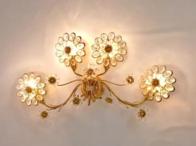  Palwa Big Ernst Palme Flowers Brass Crystals Flower Wall Light Sconce Palwa 1970s