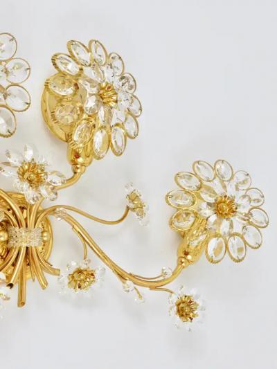  Palwa Big Ernst Palme Flowers Brass Crystals Flower Wall Light Sconce Palwa 1970s
