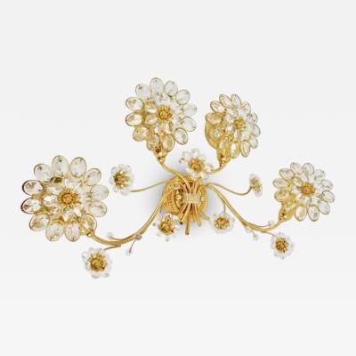  Palwa Big Ernst Palme Flowers Brass Crystals Flower Wall Light Sconce Palwa 1970s