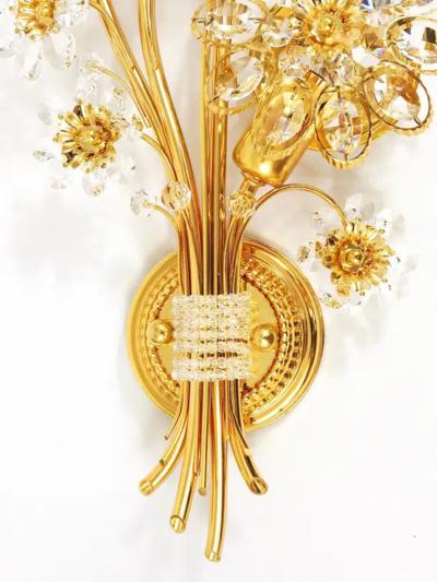  Palwa Big Ernst Palme Palwa Floral Gilt Brass Crystals Flower Wall Light Sconce 1970s