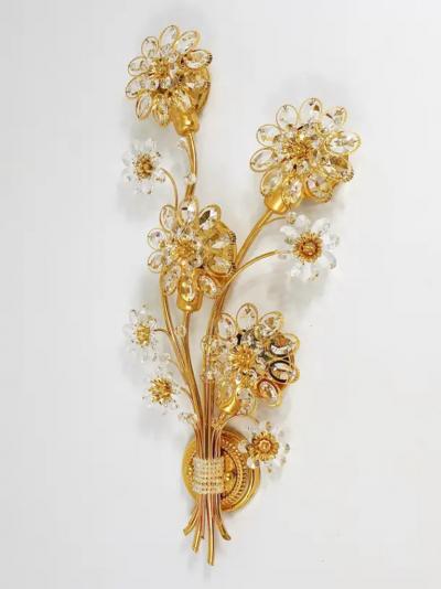  Palwa Big Ernst Palme Palwa Floral Gilt Brass Crystals Flower Wall Light Sconce 1970s