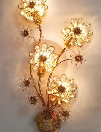  Palwa Big Ernst Palme Palwa Floral Gilt Brass Crystals Flower Wall Light Sconce 1970s