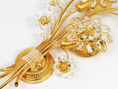  Palwa Big Ernst Palme Palwa Floral Gilt Brass Crystals Flower Wall Light Sconce 1970s