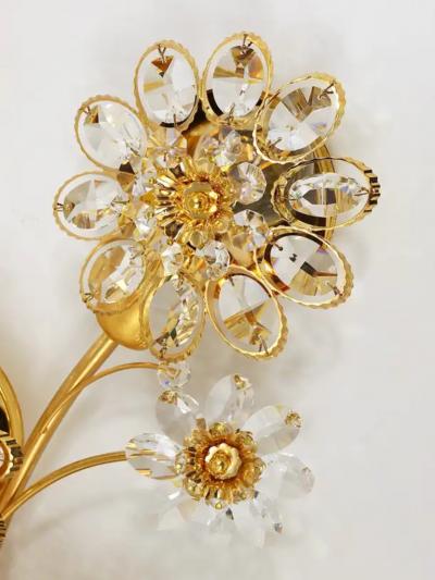  Palwa Big Ernst Palme Palwa Floral Gilt Brass Crystals Flower Wall Light Sconce 1970s