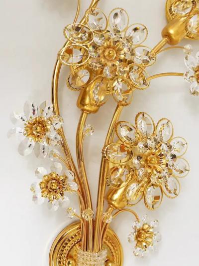  Palwa Big Ernst Palme Palwa Floral Gilt Brass Crystals Flower Wall Light Sconce 1970s