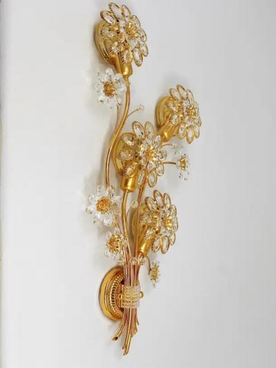  Palwa Big Ernst Palme Palwa Floral Gilt Brass Crystals Flower Wall Light Sconce 1970s