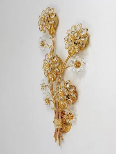  Palwa Big Ernst Palme Palwa Floral Gilt Brass Crystals Flower Wall Light Sconce 1970s