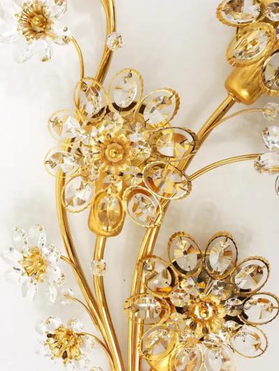 Palwa Big Ernst Palme Palwa Floral Gilt Brass Crystals Flower Wall Light Sconce 1970s