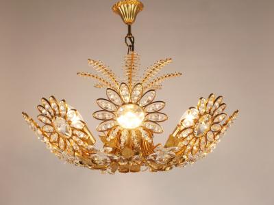  Palwa Ernst Palme Large Palwa Flower Palm Tree Chandelier Gilt Brass Crystals 1970s