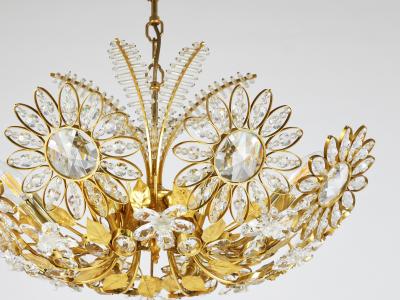  Palwa Ernst Palme Large Palwa Flower Palm Tree Chandelier Gilt Brass Crystals 1970s