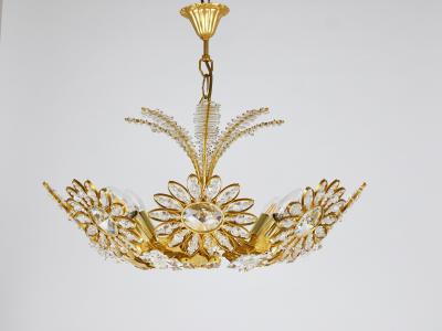  Palwa Ernst Palme Large Palwa Flower Palm Tree Chandelier Gilt Brass Crystals 1970s